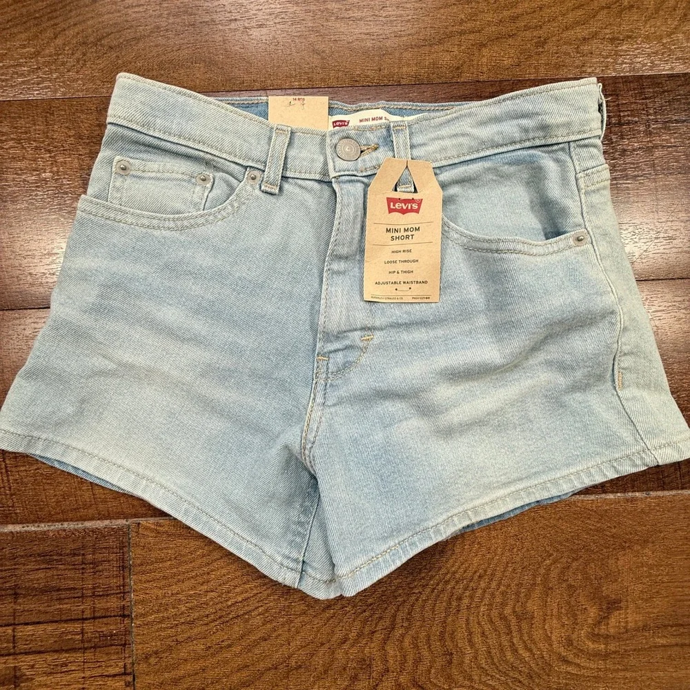 NWT Levis Mini Mom Short Girls 14 Light Blue High Rise Adjustable Waist Denim